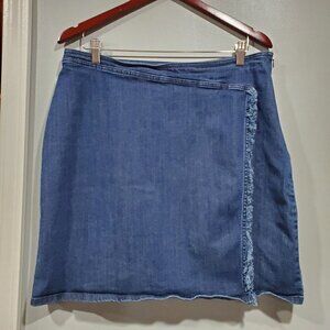 J. Jill Womens Denim Dark Wash Skirt With Fringe Faux Wrap Side Zip A-Line Sz 14